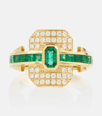 Rainbow K Shield 18kt gold ring with diamonds and emeralds