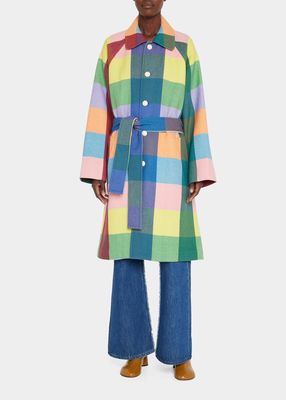 Rainbow Plaid Wool Belted Coat