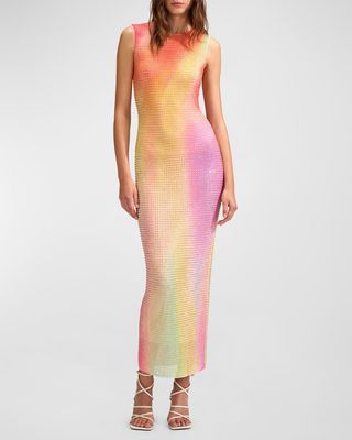 Rainbow-Print Hotfix Mesh Midi Dress