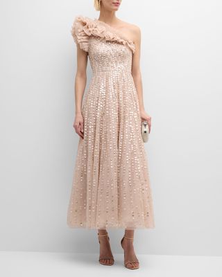 Raindrop One-Shoulder Sequin Ruffle Tulle Gown
