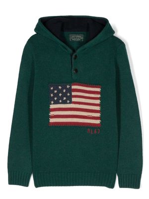 Ralph Lauren Kids flag-embroidered knitted hoodie - Green