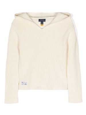 Ralph Lauren Kids logo-patch ribbed-knit hoodie - Neutrals