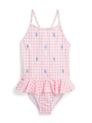 Ralph Lauren Kids Polo Pony-embroidered check-pattern swimsuit - Pink