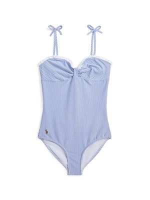 Ralph Lauren Kids ruffle-detail striped swimsuit - Blue