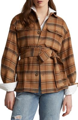 Ralph Lauren Plaid Belted Wool Blend Shirt Jacket in 1482 Brown Multi Plaid