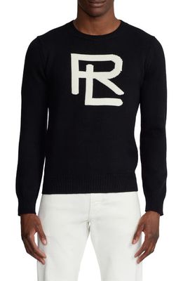 Ralph Lauren Purple Label Intarsia Logo Wool Crewneck Sweater in Cls Black W/Cream