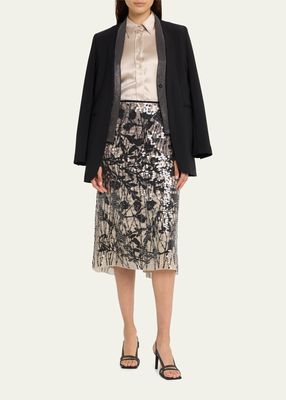 Ramage Floral Print Paillette Midi Skirt
