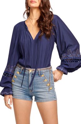 Ramy Brook Alizee Embroidered Split Neck Blouse in Spring Navy