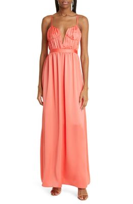 Ramy Brook Becky Plunge Neck Satin Gown in Guava