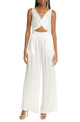 Ramy Brook Brendaly Cutout Wide Leg Satin Jumpsuit in Ivory Subtle Shiny Pleat
