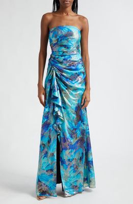 Ramy Brook Carr Metallic Floral Strapless Sheath Gown in Spring Navy Floral
