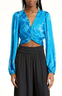 Ramy Brook Connor Satin Crop Blouse in Lake Floral Burnout