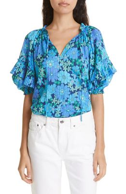 Ramy Brook Eugenia Print Tie Neck Blouse in Tropical Blue Retro Floral