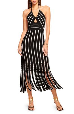 Ramy Brook Frida Stripe Halter Midi Dress in Black/Ivory Textured Fringe