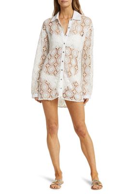 Ramy Brook Gary Long Sleeve Sheer Lace Cover-Up Shirtdress in White Lace