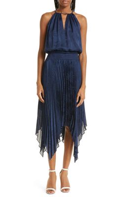 Ramy Brook Gia Palm Print Metallic Satin Jacquard Handkerchief Hem Dress in Spring Navy Island Palm