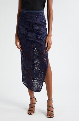 Ramy Brook Irene Floral Lace Asymmetric Skirt in Navy Sateen Floral Cutout