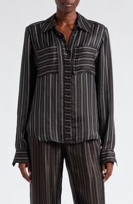 Ramy Brook Jamie Variegated Stripe Twill Button-Up Shirt in Black Combo