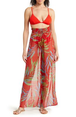 Ramy Brook Lancaster Sheer Cover-Up Pants in Red Ribbon - Botanical Print