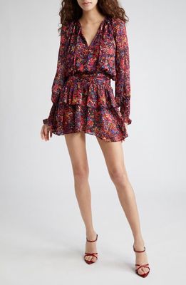 Ramy Brook Mabel Floral Long Sleeve Chiffon Minidress in Soiree Red French Burnout