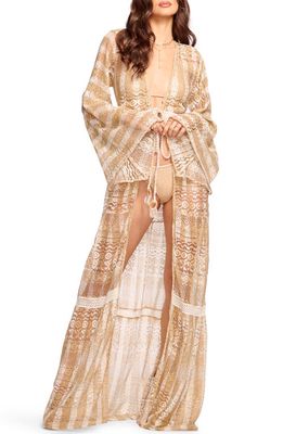 Ramy Brook Manu Long Sleeve Sheer Cotton Blend Cover-Up Dress in Dune/Ivory Foil Striped Lace