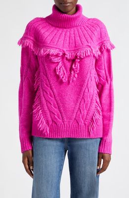 Ramy Brook Mya Cable Stitch Fring Turtleneck Sweater in Electric Pink Cable W Fringe