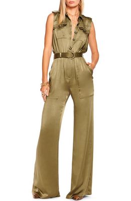 Ramy Brook Rayna Belted Wide Leg Satin Jumpsuit in Dark Olive