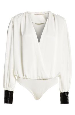 Ramy Brook Selena Wrap Front Sequin Cuff Bodysuit in Ivory