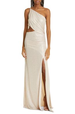 Ramy Brook Sonnie Embellished Cutout One-Shoulder Gown in Flax Glitter Knit