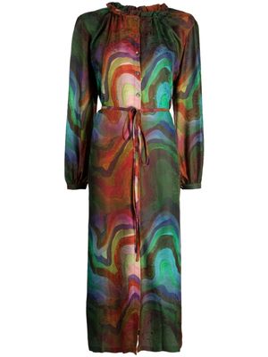 Raquel Allegra wave pattern frilled-neckline silk dress - Multicolour