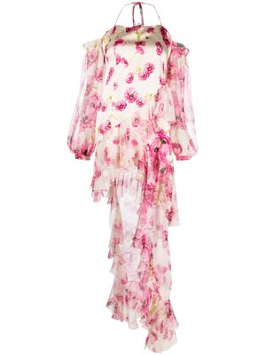 Raquel Diniz floral-print asymmetric silk dress - Neutrals
