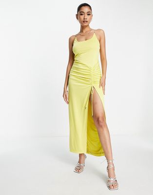 Rare London chain cami strap maxi dress with thigh split in mustard-Yellow