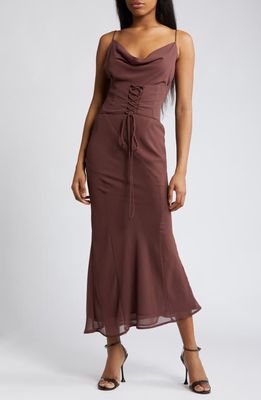 Rare London Cowl Neck Corset Chiffon Cocktail Dress in Brown 