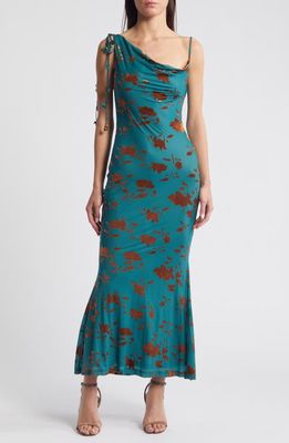 Rare London Devore Cowl Neck Maxi Dress in Teal/Brown 