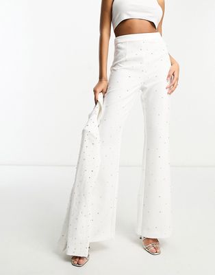 Rare London diamante embellished flared pants in white - part of a set
