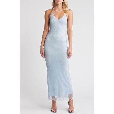 Rare London Diamante Mesh Halter Neck Gown in Light Blue 