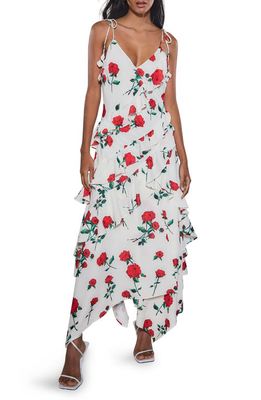 Rare London Floral Ruffle Tiered Handkerchief Hem Maxi Dress in White Floral