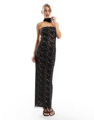 Rare London lace maxi dress with corsage detail in black