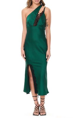 Rare London Lace Trim One-Shoulder Satin Cocktail Dress in Emerald
