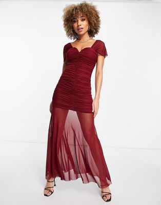 Rare London Prom maxi fishtail dress in burgundy-Red