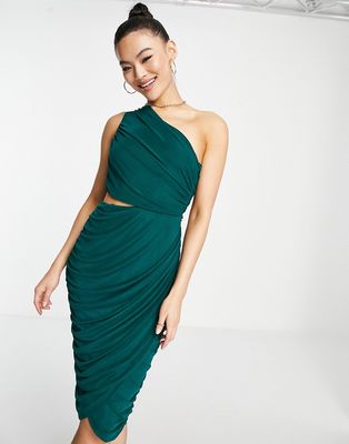 Rare London ruched one shoulder dress with cut out in emerald green