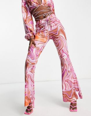 Rare London satin flared pants in pink swirl print - part of a set