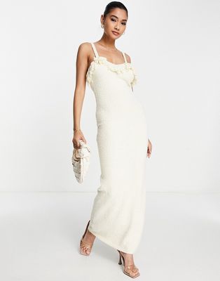 Rare London textured fringe maxi dress in cream-White