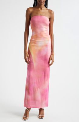 Rare London Tie Dye Strapless Mesh Gown in Print