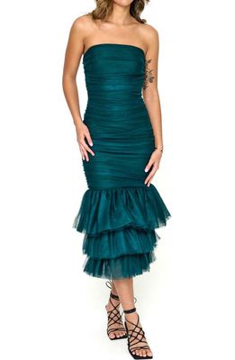 Rare London Triple Ruffle Strapless Tulle Bandage Dress in Forest Green