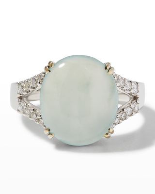 Rare Translucent Jade Oval Ring in White Gold with Diamonds, Size 6.5