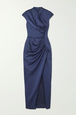 RASARIO - Button-embellished Draped Satin Midi Dress - Blue