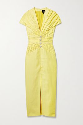 RASARIO - Crystal-embellished Ruched Linen-blend Midi Dress - Yellow