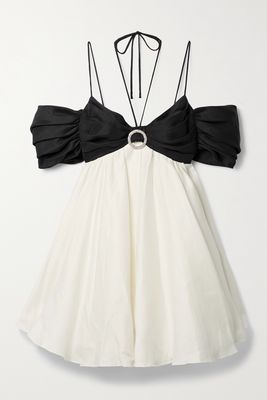 RASARIO - Crystal-embellished Ruched Two-tone Linen-blend Halterneck Mini Dress - Black