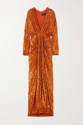 RASARIO - Draped Sequined Satin Gown - Orange